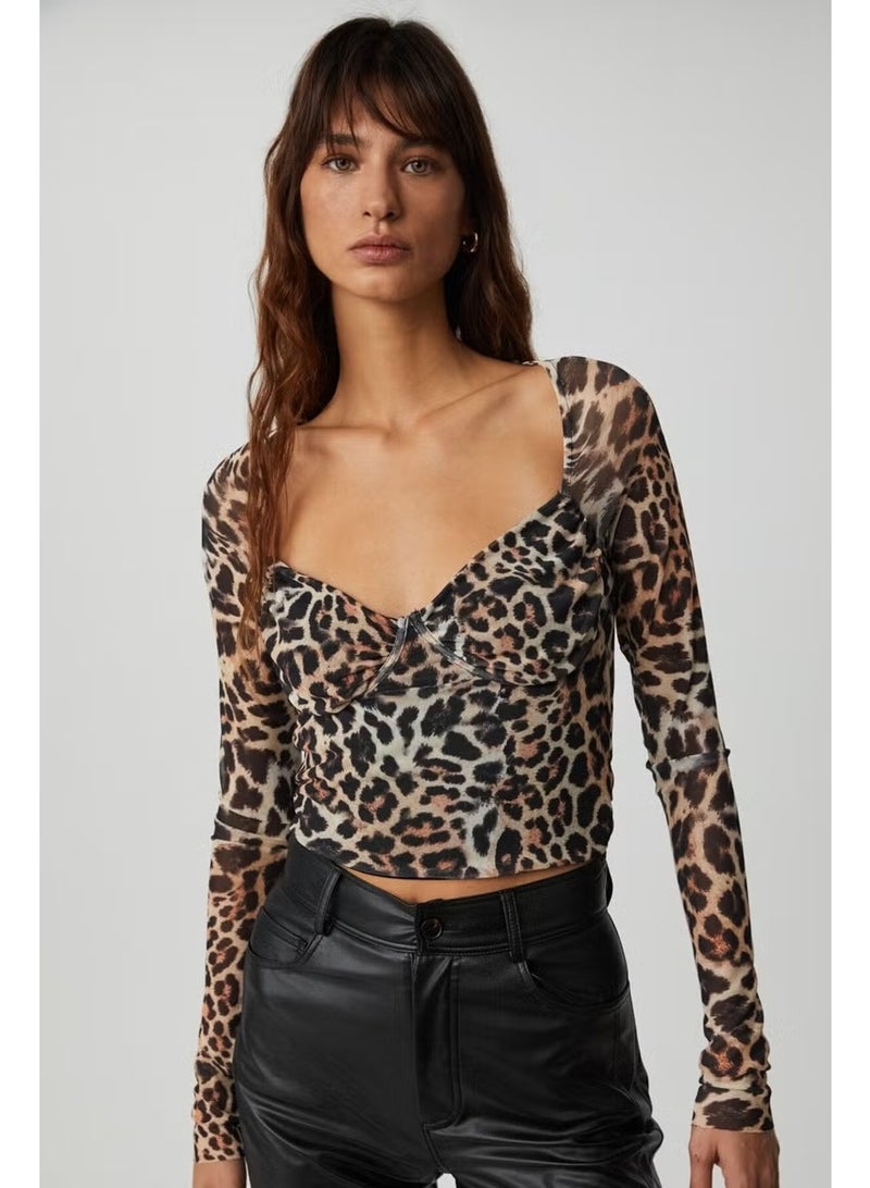GRIMELANGE Lily Women's Tulle Mesh Double Layered Heart Neck Chest Cup Leopard Patterned Blouse - Image 1